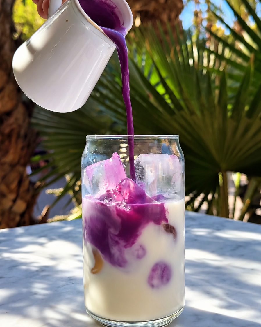 Ube poeder wordt in een glas melk geschonken, UBE.25 zakje ernaast